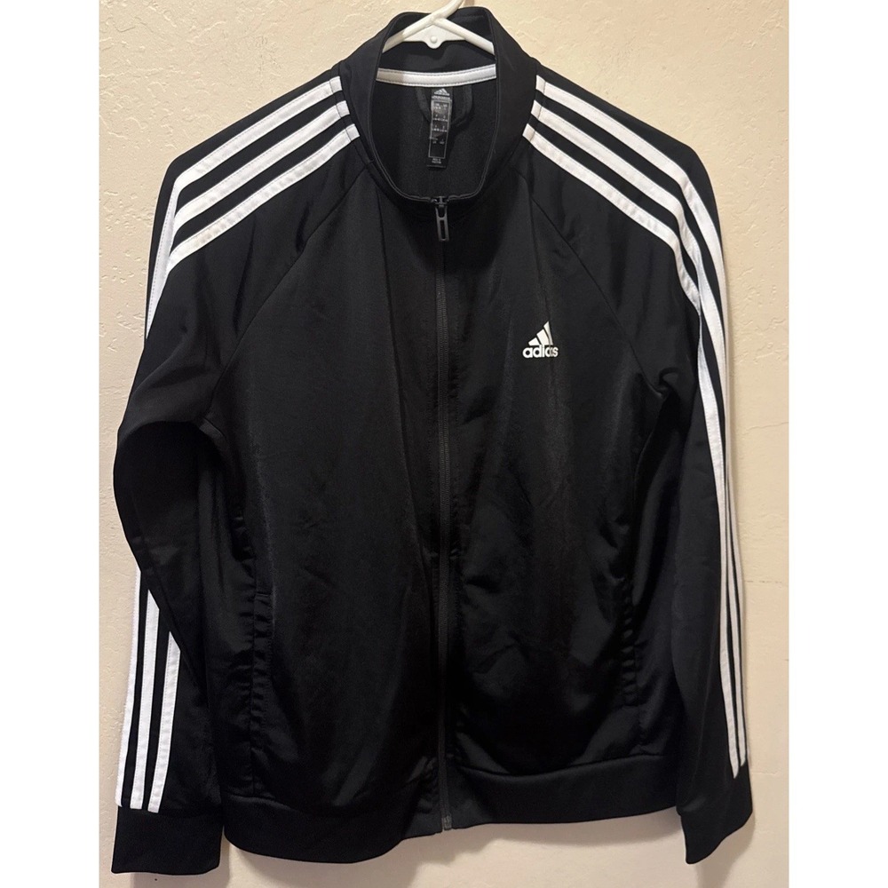 Adidas Track Jacket Womens Size 16 Black Full Zip 3 Stripe Athletic